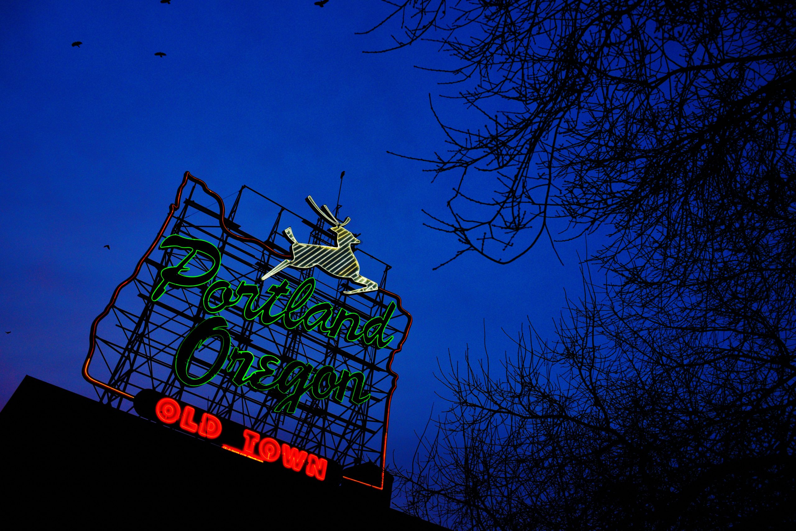 Blue sky behind the Portland, Oregon Sign